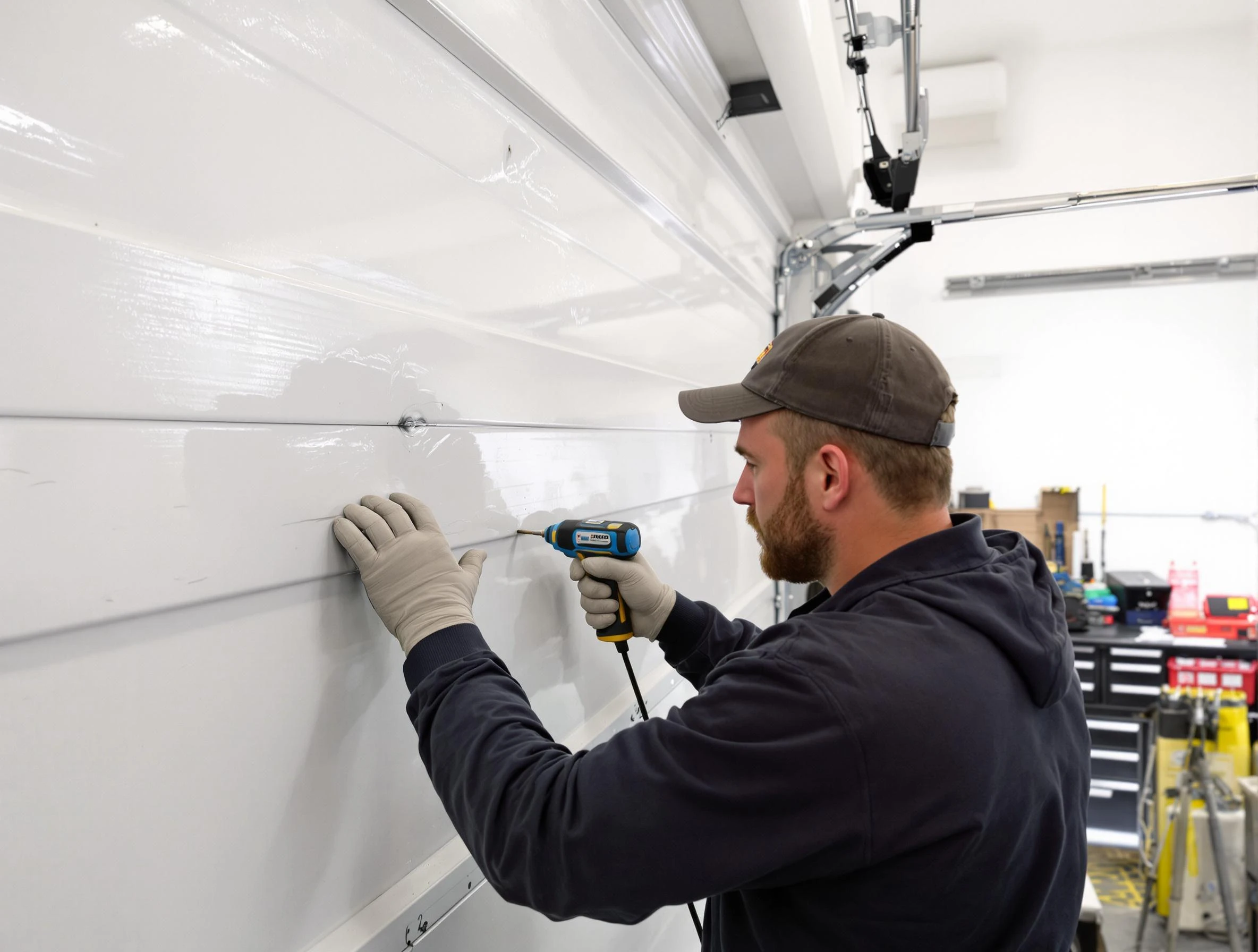 La Vergne Garage Door Repair technician demonstrating precision dent removal techniques on a La Vergne garage door